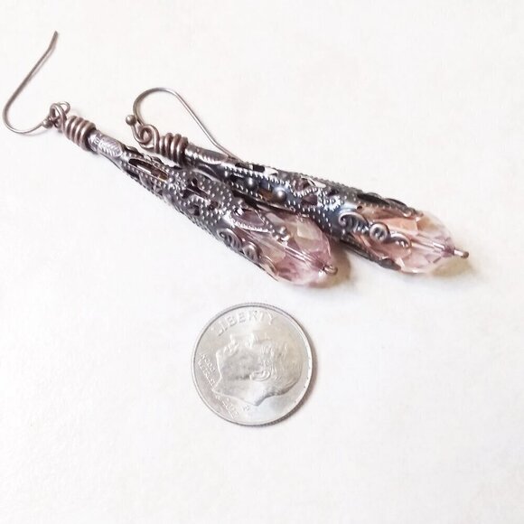 Ultra Feminine! Extra Long! Copper Filigree & Pastel Pink Dangle Earrings - Picture 3 of 7